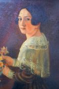 Porträt einer Dame beim Blumenstecken, deutsch, um 1835<