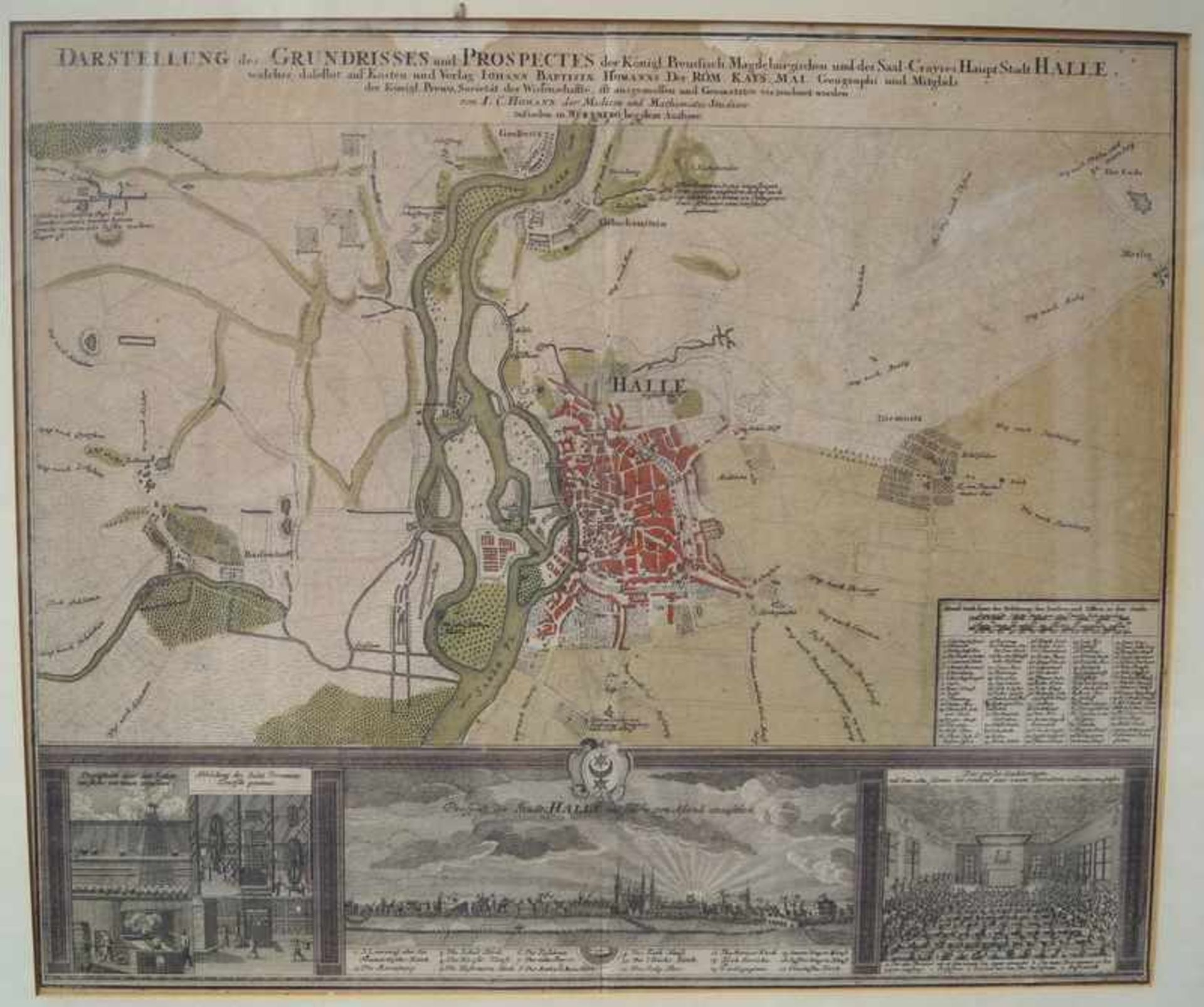 Iohann Baptist Homann, Nürnberg: Grundriss und Prospect der Stadt Halle, Kupferstich,