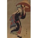 Utamaro, Kitagawa (1753 Edo - 1806 ebenda): Junge Dame im Regen, 19.Jhd.
