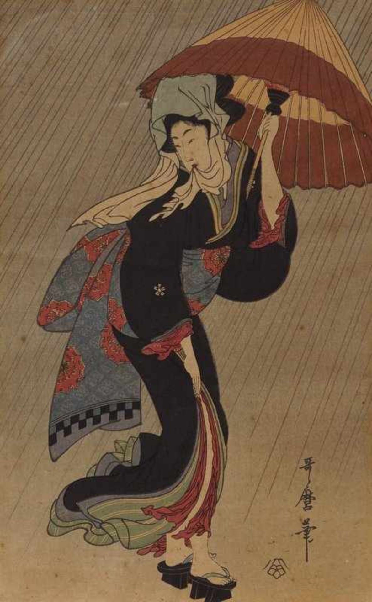 Utamaro, Kitagawa (1753 Edo - 1806 ebenda): Junge Dame im Regen, 19.Jhd.