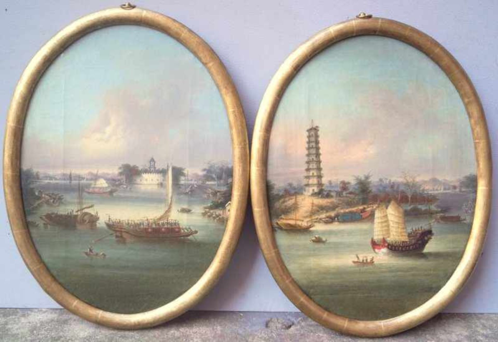 Namcheong (Hongkong active 1840-1870): Paar Chinesische Hafenansichten Whampoa und Perlflussdelta