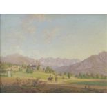 F.Hauser: Österreichische Dorfkulisse vor Berglandschaft, um 1880