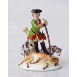 Königl. Meissen (Unterglasurblaue Marke ( Knaufzeit) 1850-1924,): Jäger mit zwei Hunden und erlegt