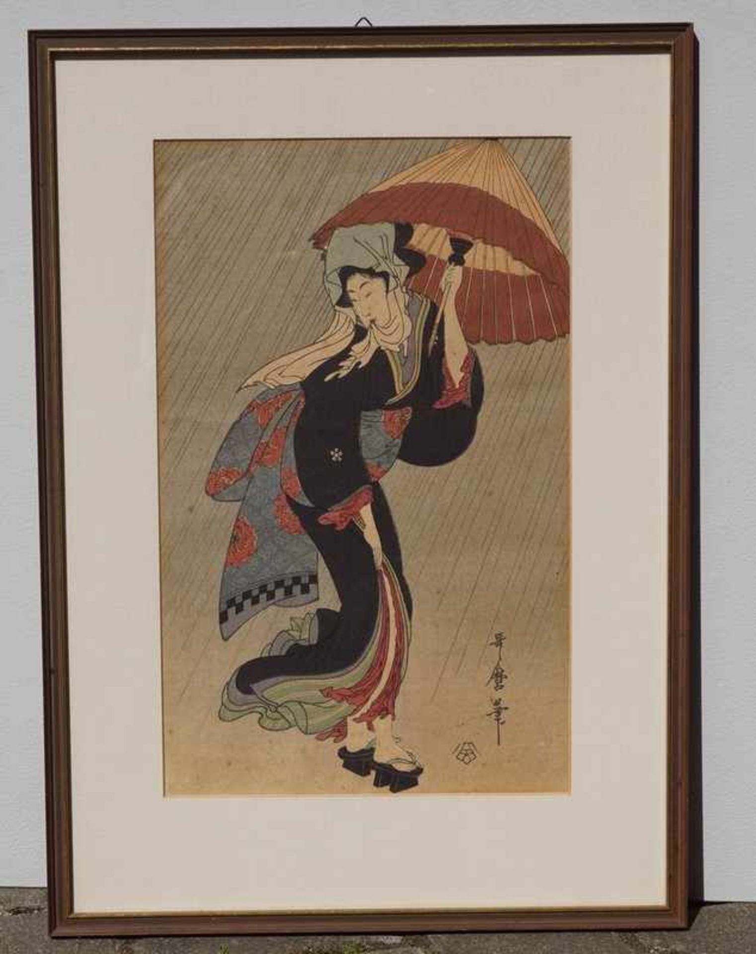 Utamaro, Kitagawa (1753 Edo - 1806 ebenda): Junge Dame im Regen, 19.Jhd. - Bild 2 aus 3