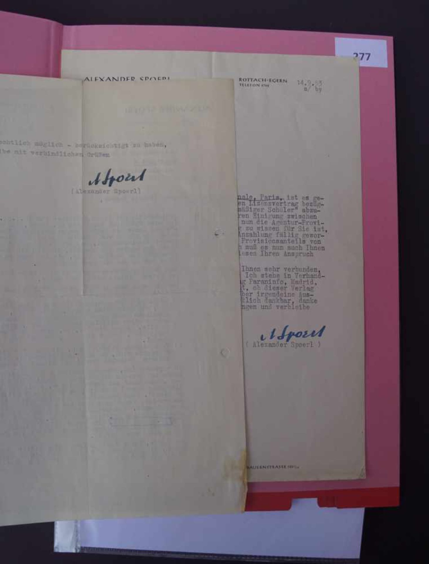 Spoerl, Alexander (1917 Düsseldorf - 1978 Rottach-Egern): Zwei Schreiben an die Agentur Geisenheyne