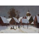 Van Horn, Ida (attr.) (Aktiv um 1915): Winterliche Satdansicht mit Wäscherinnen -Westfalen um 1920