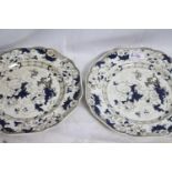 Two John Ridgway Stoneware blue/white Bentick pattern dinner plates c1850