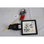 A lot: a vintage Chinese character doll; vintage Chinese pen and wash framed picture of fishing