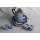 Blue and white assorted china: four Willow Pattern coffee cans; a Willow pattern Chinese heavy