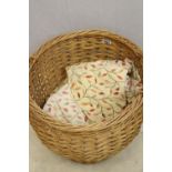 A lot: a large wicker laundry basket (ht 46cm); 2 no lined heavyweight crewel work fabric table