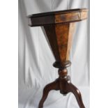 Victorian burr walnut and oak octagonal lift top work table with pedestal base. See condition