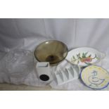 A lot: miscellaneous china and glassware including Royal Worcester dish and two glass fruit bowls