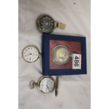 Four pocket watches as seen: ; Westclox Scotty; Royal, London; one decorated with picture of