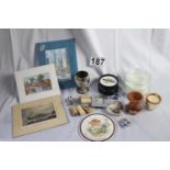 A miscellaneous collection of household items: pottery, set of boxed bird coasters, hat pins,