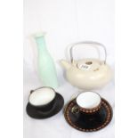 Mid century ceramics: a blue crackle glaze vase; stoneware teapot with steel handle; two coffee cups