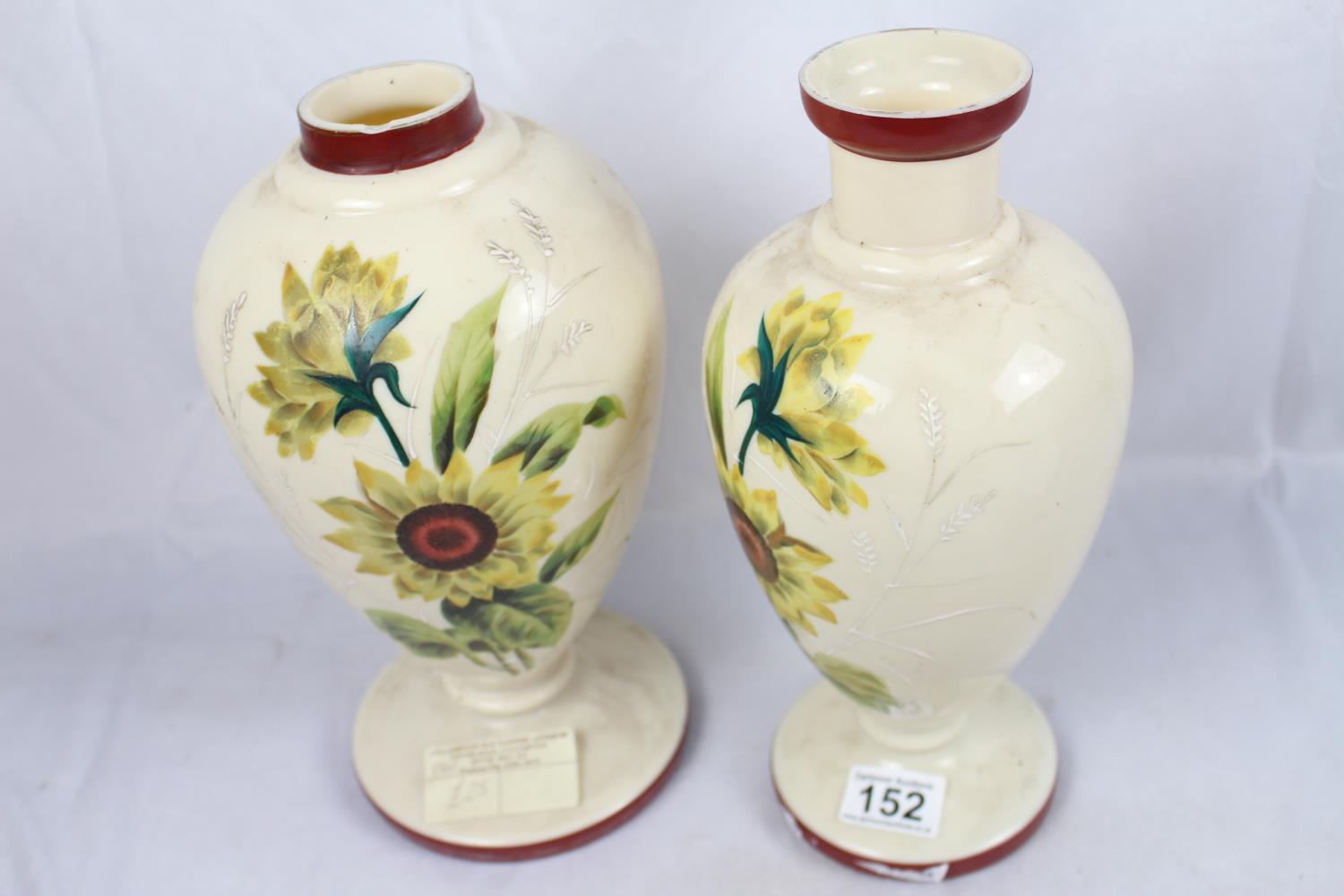 Two late Victorian cream glass sunflower pattern vase/ table lamp bases