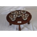 Five glass stirrup /shot cups on oak serving tray