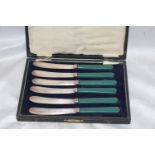 Set of six antique dessert knives in case, silver plated, marked Martin Hall & Co