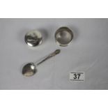 Silver spoon, napkin ring and box