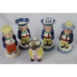 Five antique Staffordshire toby figures: two pepper, two mustard pots (one mustard pot has large