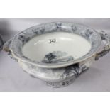 Antique grey and white ironstone bowl with handles, marked Lake, 10.5'' diameter, 5.7'' tall. Lake