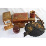 An interesting pot luck collection of old wooden objects including three wooden boxes, a blotter,