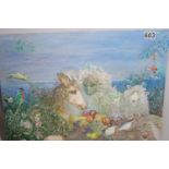 Oil on board, unframed and unsigned original painting depicting animals at table by the sea, 91 x