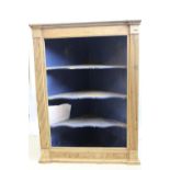 Antique pine freestanding corner shelf unit. Three blue-painted scalloped shelves. Moulded