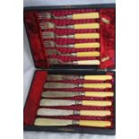 Set of six silver plate fish knives and forks, bone handles, engraved design, in original case