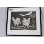 A framed b/w print of two roosters signed by Angela Valentine of the Dartington Workshop, 24 x 27cm