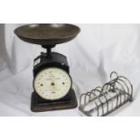 A lot: a vintage Hughes Family Scale No 48 with bowl (dial missing); a silver plated toast rack; a