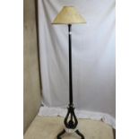 Antique standard lamp with shade; tripod scrolled base, MOP floral decorative inlay, in working