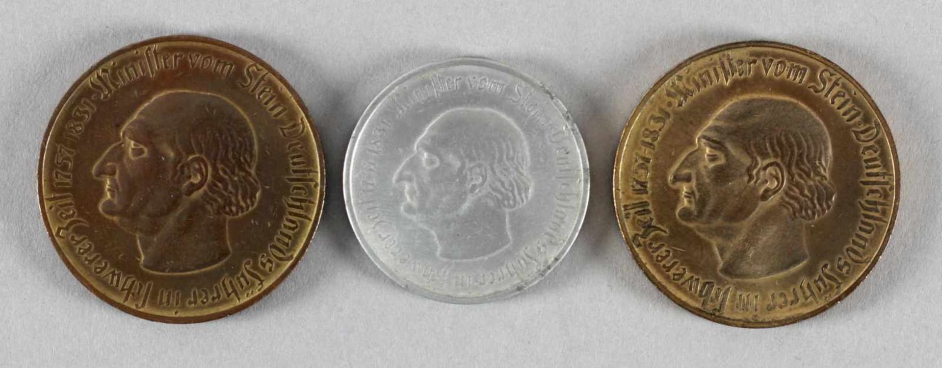 3 Notgeld-Münzen, 1923, Provinz Westfalen, Minister vom Stein<