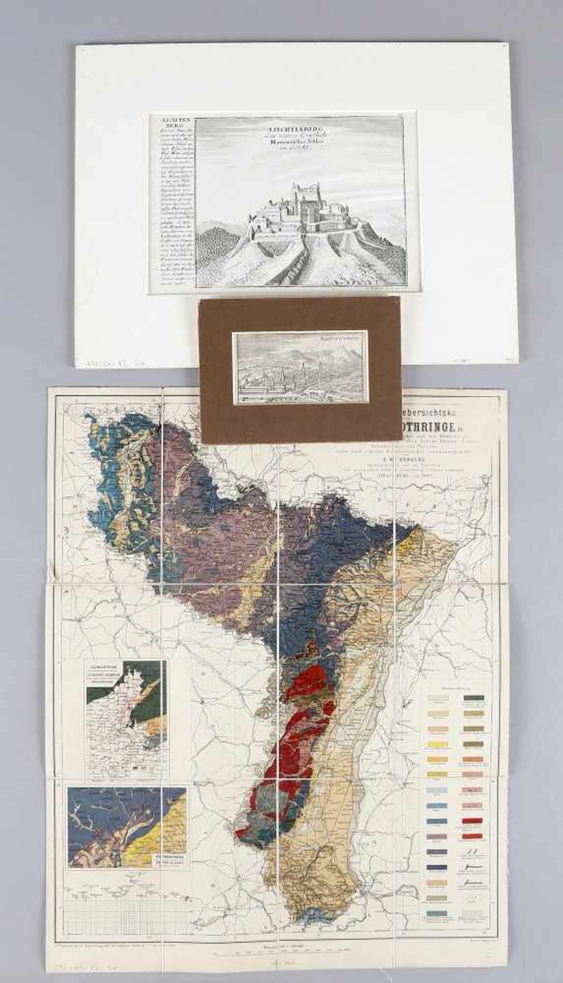Konvolut aus drei Stichen bzw. Landkarten Ansicht von Rappoltsweyer, Kupferstich von Chr. Riegel, um