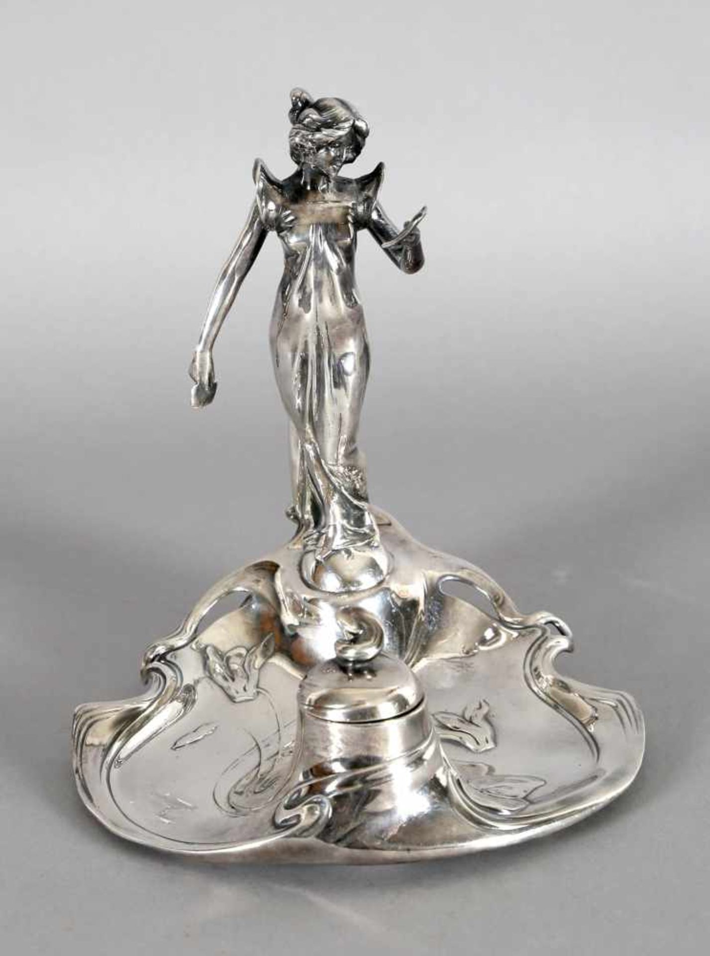 Jugendstil-Tintenfass mit Frauenfigur, WMF, um 1900, Zinn, versilbert