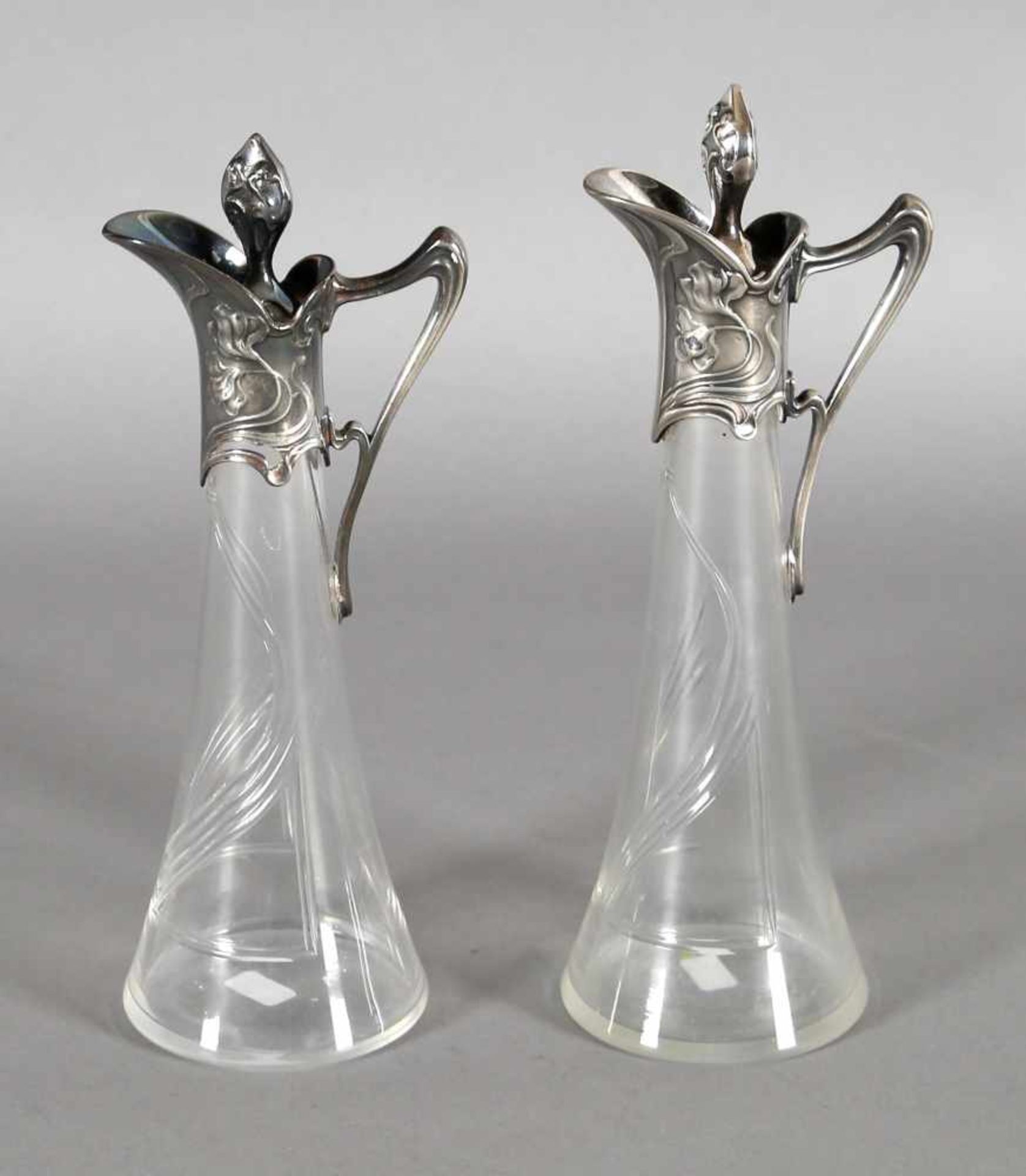 Jugendstil Karaffen (2 x), WMF gemarkt, um 1900-10, Metall versilbert