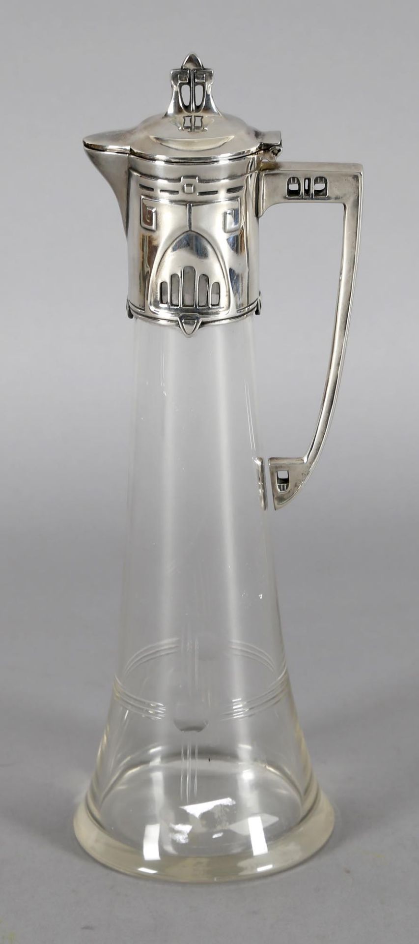 Jugendstil Karaffe, Quist gemarkt, um 1900-10, Zinn versilbert und Glas