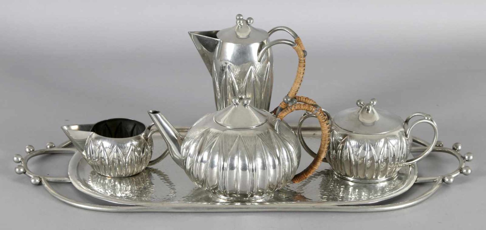 Jugendstil Tee-/Mokkaservice, 5-teilig, um 1900, Zinn, a.e. Charas gemarkt