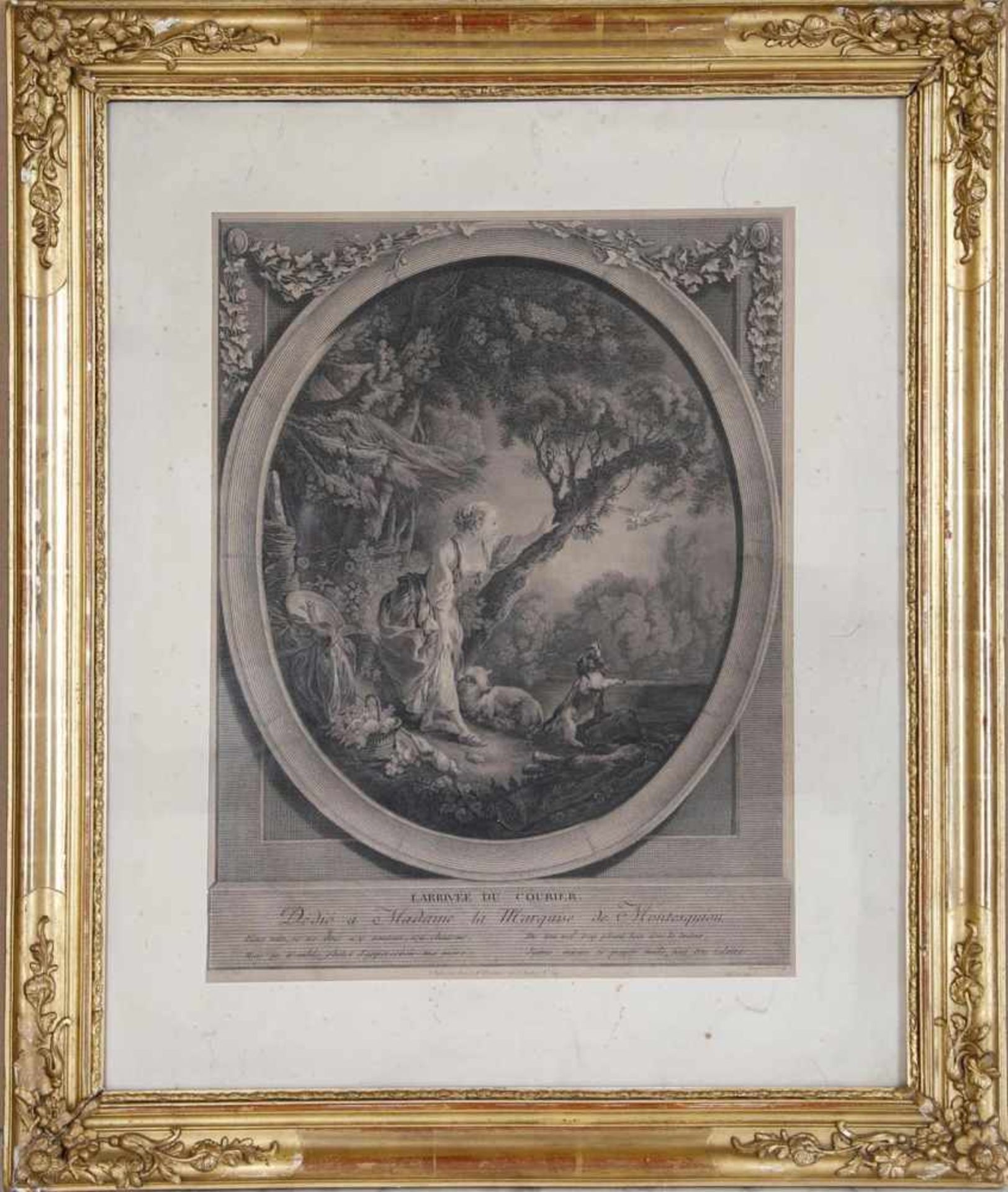 "L' Arrivé du courier" (Die Ankunft des Boten), Kupferstich von Jacques-Firmin Beauvarlet (1731-