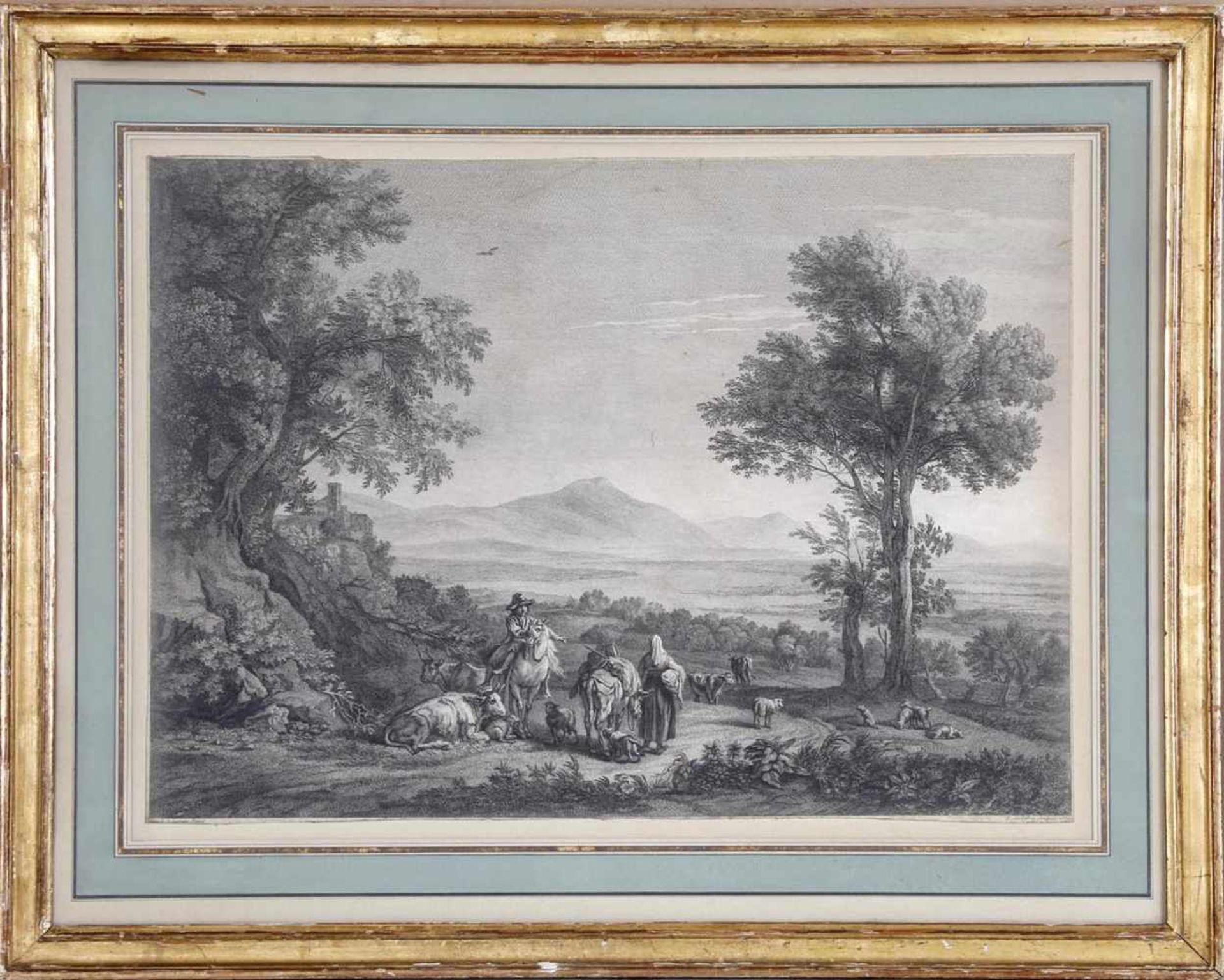 Weite italienische Landschaft, Kupferstich von Francois Godefroy (Rouen 1743 - 1819 Paris)