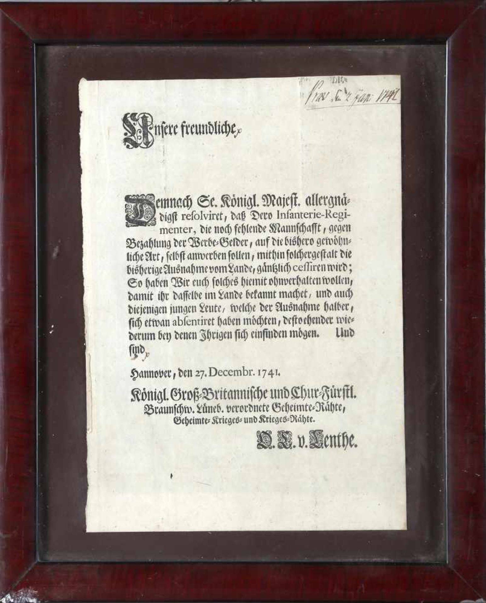 Anwerbebrief im Namen König Georg II. von Großbritannien und Hannover