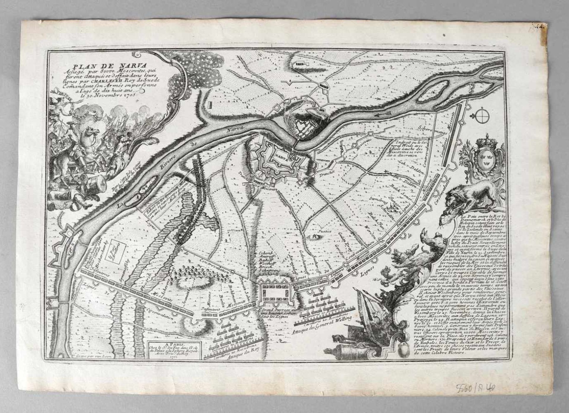 "Plan de Narva", Kupferstich auf dünnem Bütten, um 1705seltene Karte der Schlacht von Narva (30.11.