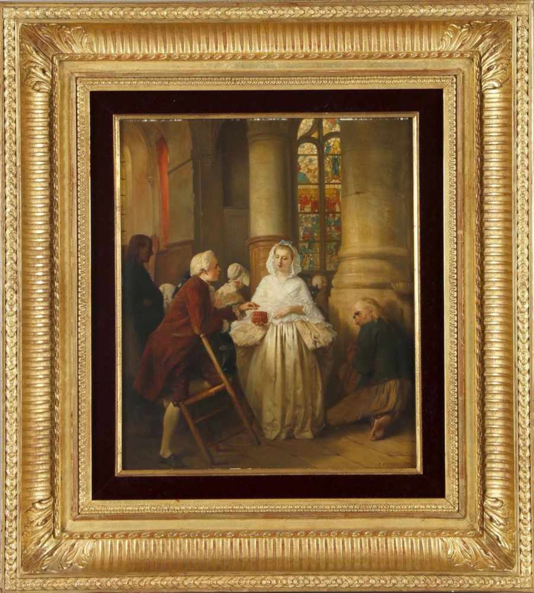 Eugéne Fichel (1826-1895)"Die Almosensammlerin", in einer gotischen Kirche vornehme junge Dame der