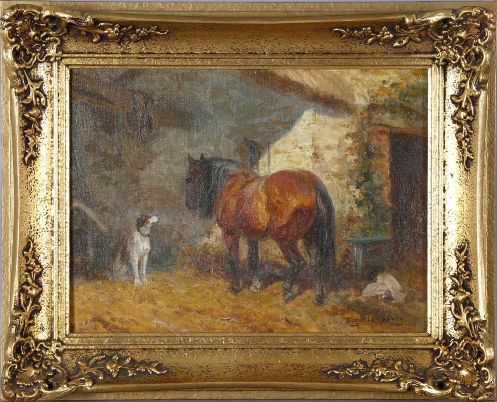 Eugène Péchaubès (Pantin 1890-1967 Paris)Arbeitspferd im Stall mit Hund, Öl auf Lwd., 26,5 x 34,5