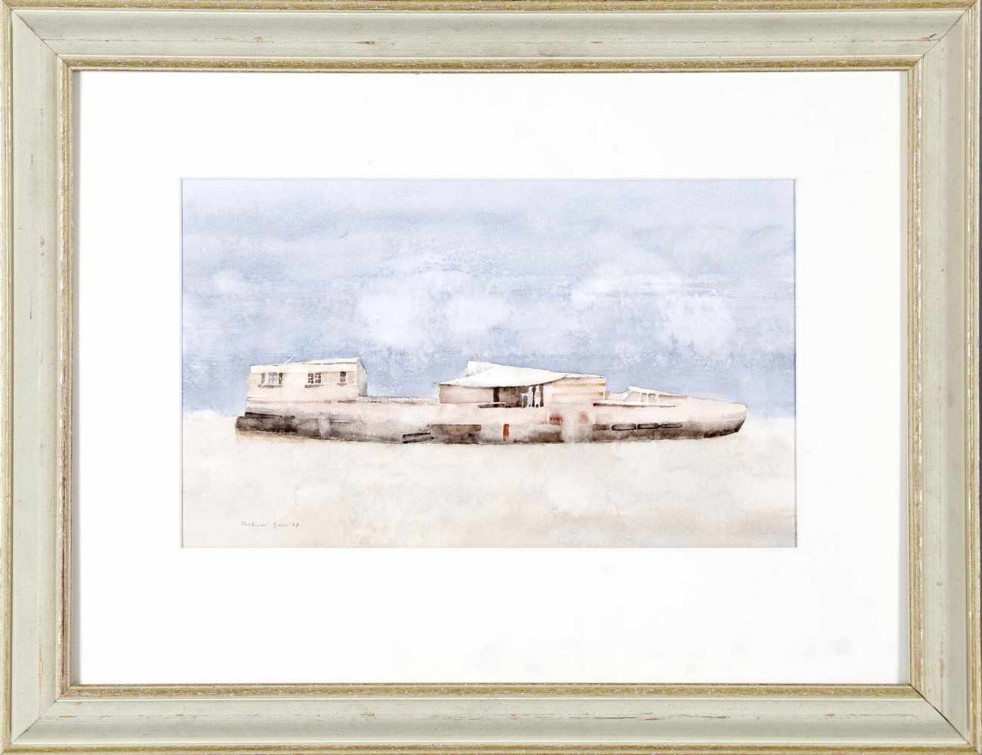 Volkmar Gross (Stahlhammer/Saar 1927-1992 Saarbrücken)Hausboot, 1987, Aquarell auf genarbtem