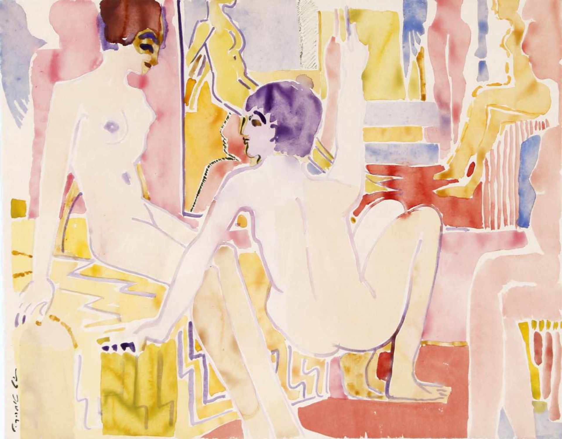 Edvard Frank (Korschenbroich 1909-1972 Saarlouis)Weibliche Akte in einem Raum, 1962, Aquarell auf