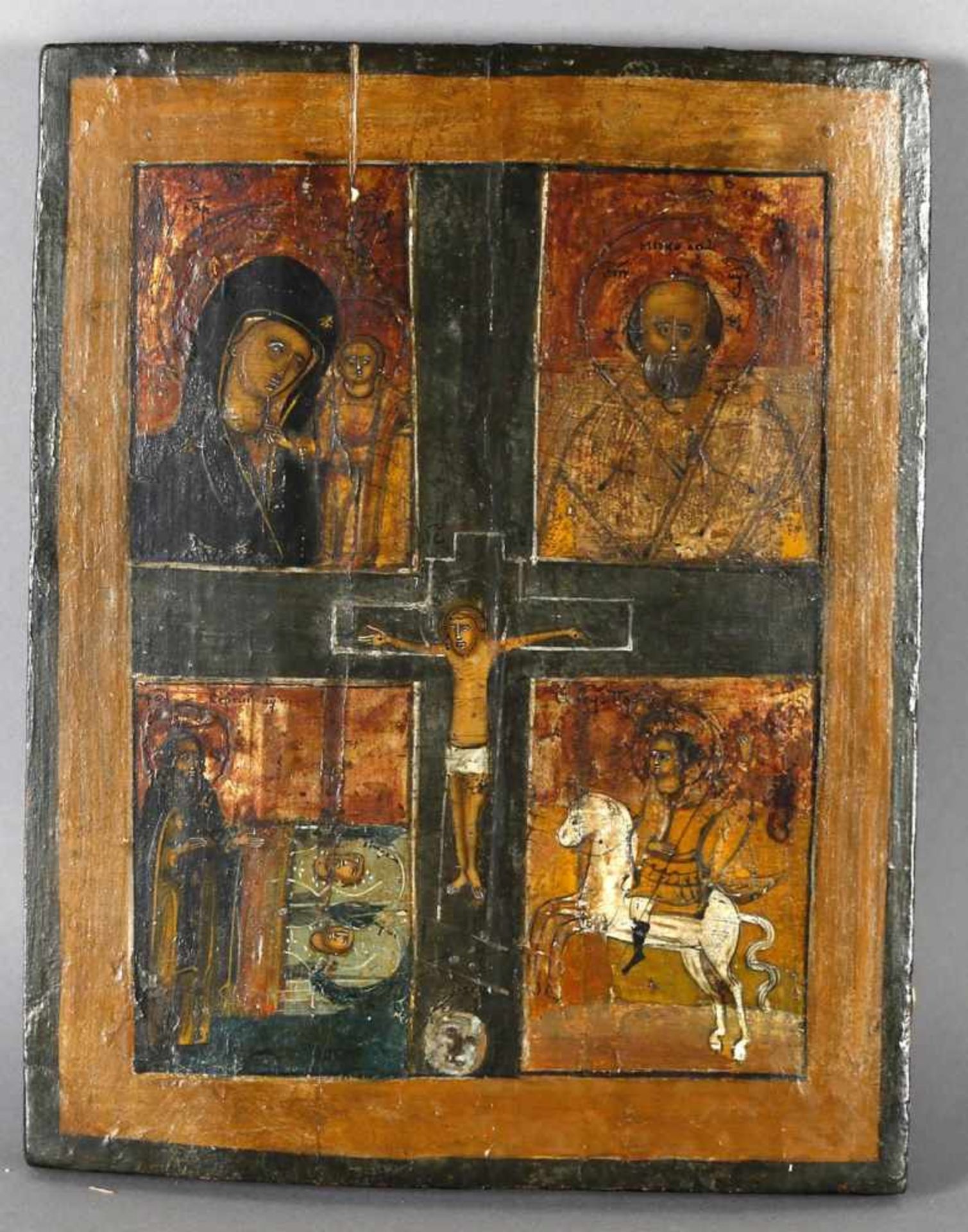 Vier-Felder-Ikone, Russland, 1. H. 19. Jh.in der Mitte Darstellung des Gekreuzigten, in den vier