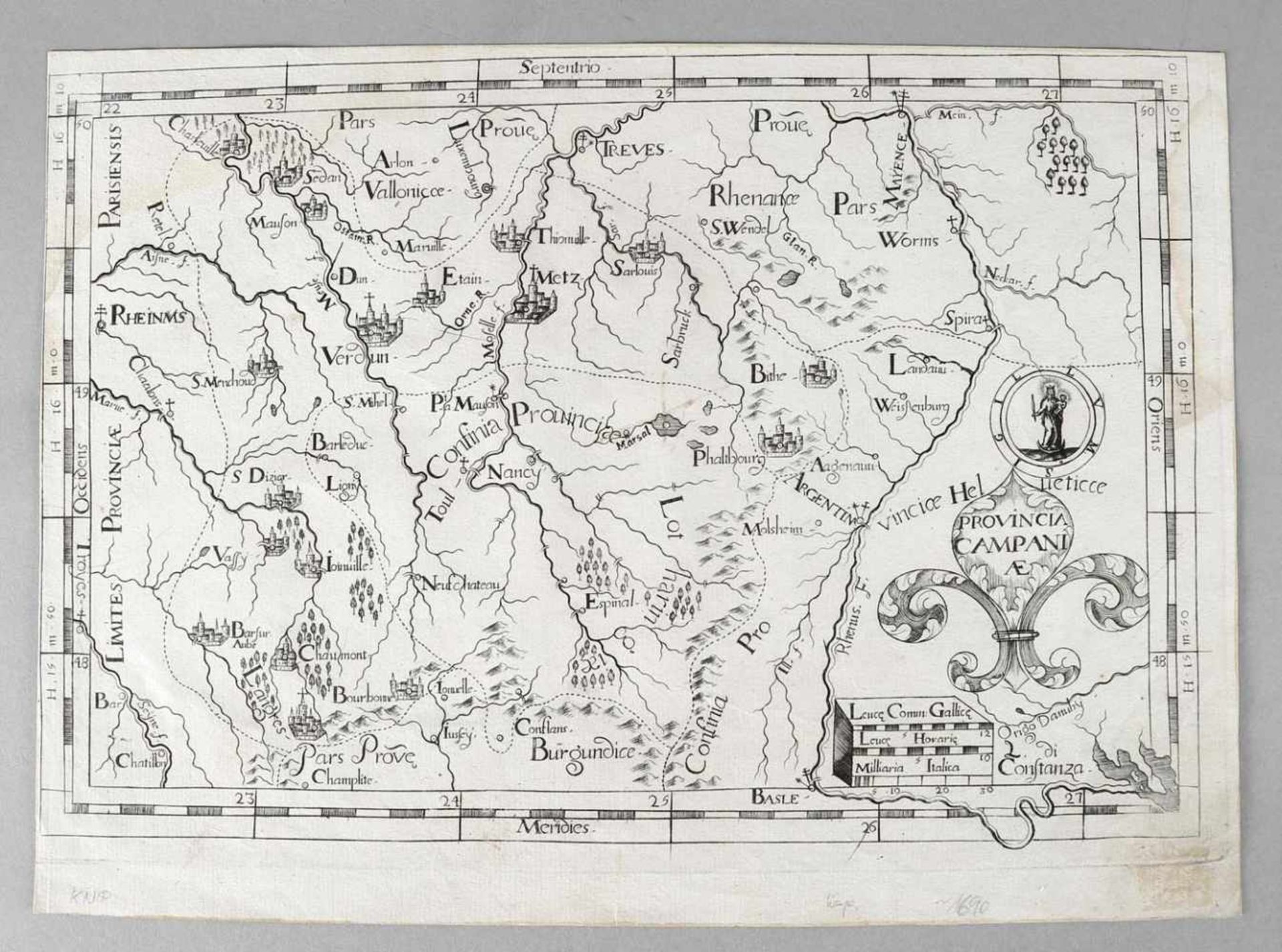 Provincia Campaniae/LotharingiaeKupferstichkarte auf Bütten, um 1690, von Lothringen, ohne Angabe