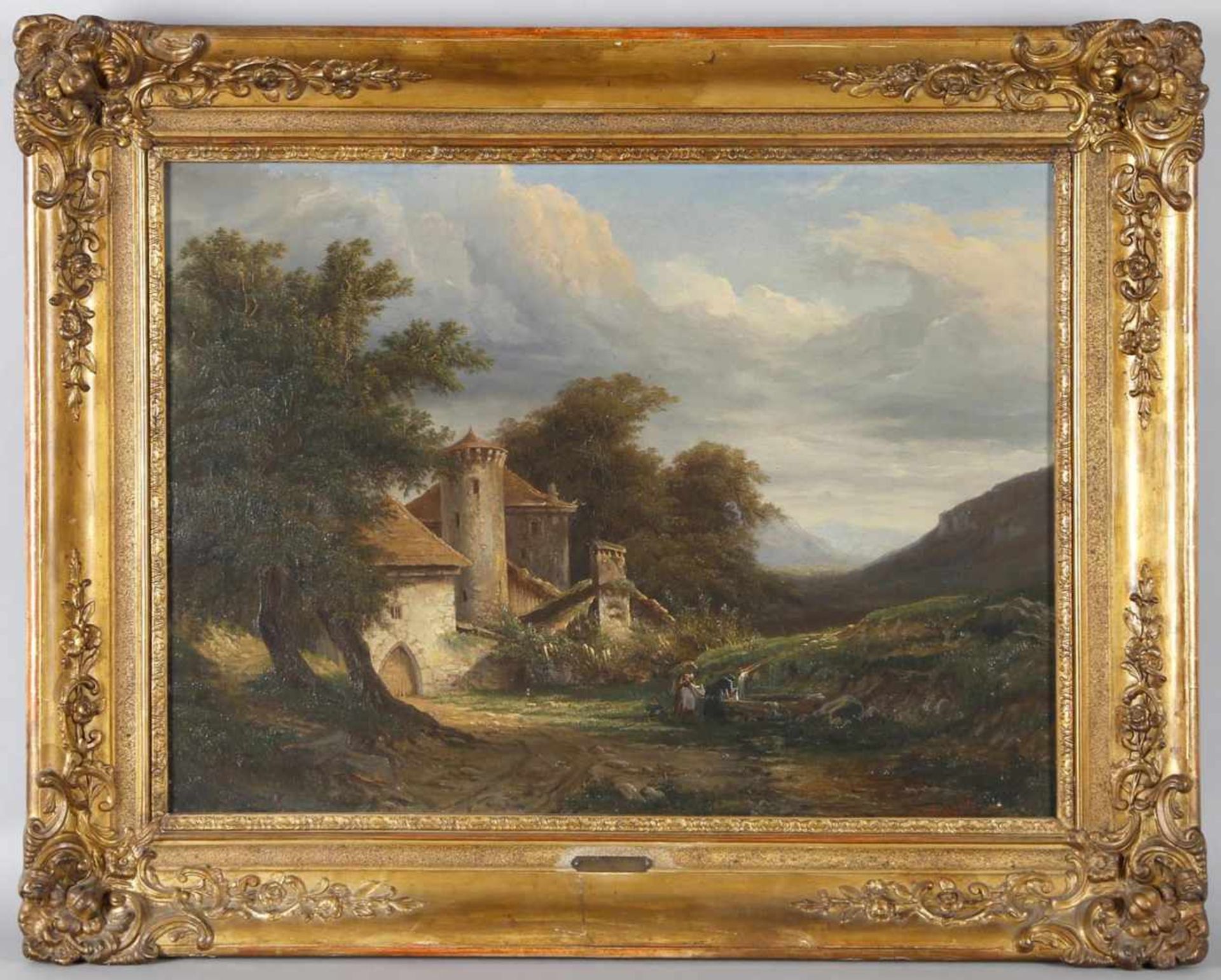 Edouard Rischgitz (Genf 1828-1909 London)Gebirgslandschaft mit Wäscherinnen vor einem burgartig