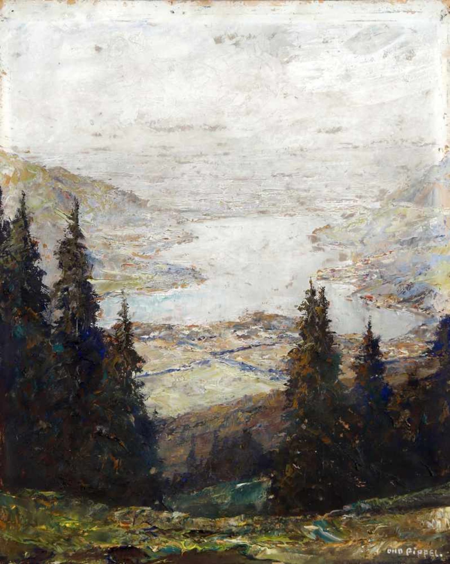 Otto Pippel (Lodz 1878-1960 München)Der Tegernsee vom Wallberg aus gesehen, Öl auf Karton/Holz, 61 x